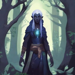 A detailed illustration of a Drow druid, a dark elf character, standing in a mystical forest