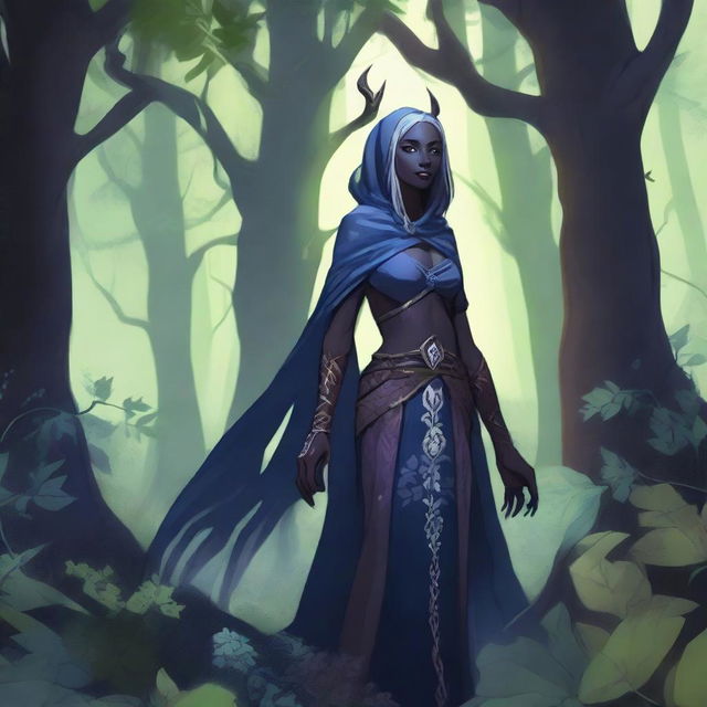 A detailed illustration of a Drow druid, a dark elf character, standing in a mystical forest