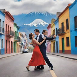 Generate a traditional Argentine scenery with the iconic landmarks, including tango dancers in a vibrant street of Buenos Aires, with colorful buildings and a backdrop showcasing the stunning Andes mountains.