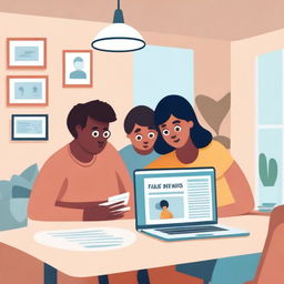 An illustration showing parents learning how to spot fake news created by AI