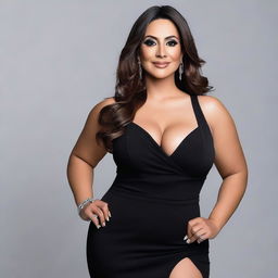 A 38-year-old Latina woman in a deep zipper black cocktail dress