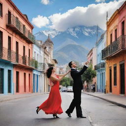 Generate a traditional Argentine scenery with the iconic landmarks, including tango dancers in a vibrant street of Buenos Aires, with colorful buildings and a backdrop showcasing the stunning Andes mountains.