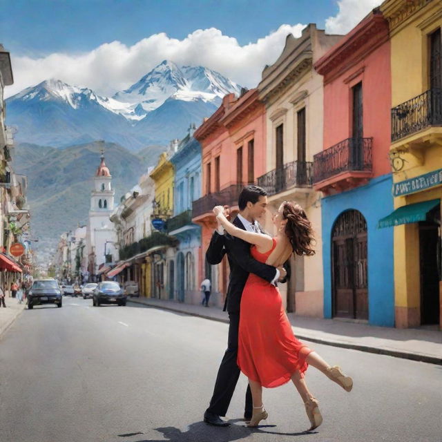 Generate a traditional Argentine scenery with the iconic landmarks, including tango dancers in a vibrant street of Buenos Aires, with colorful buildings and a backdrop showcasing the stunning Andes mountains.