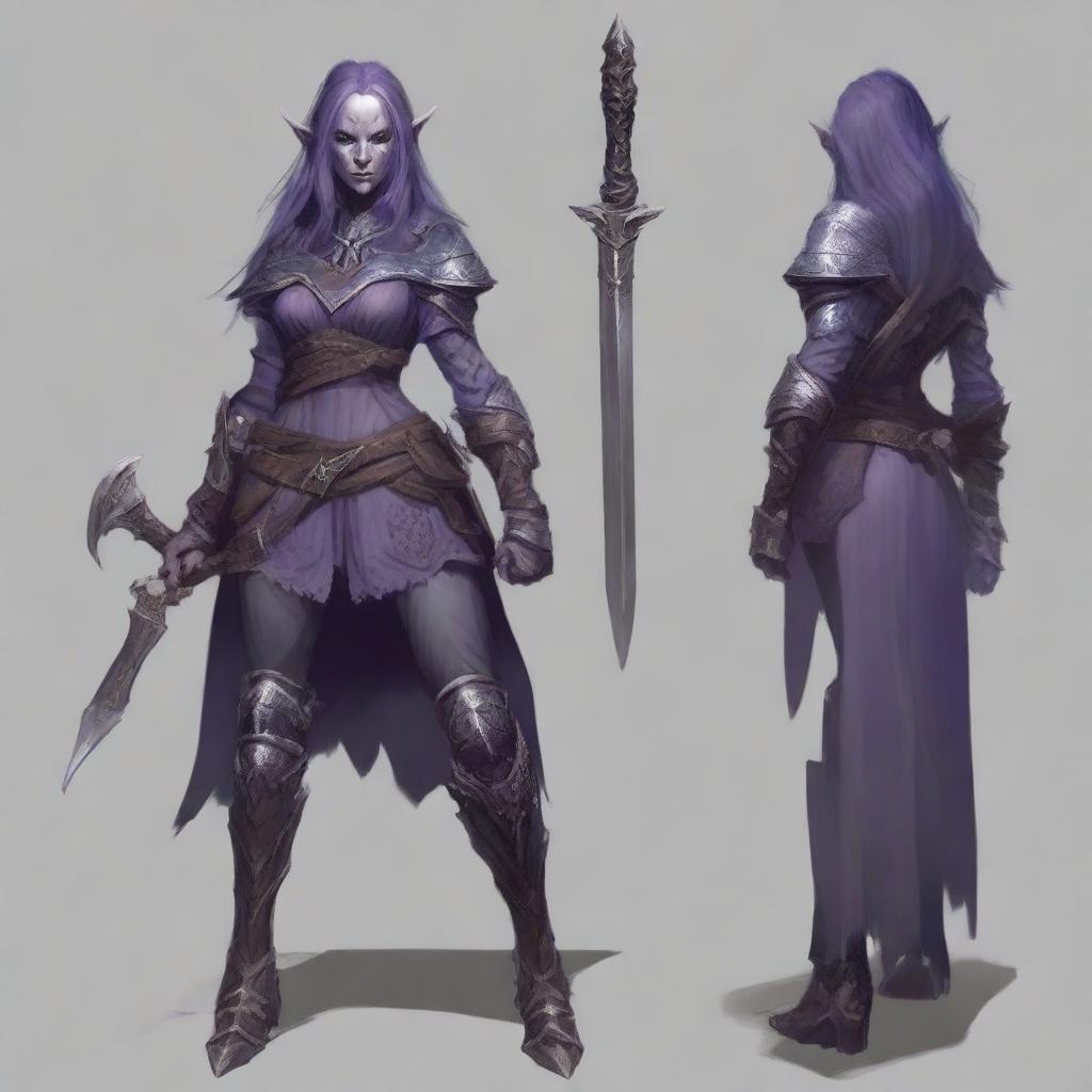 A full-body portrait of a dark elf with ash-grayish purple skin, barbaric appearance, loose hair, pale eyes, from Dungeons and Dragons, wielding two axes