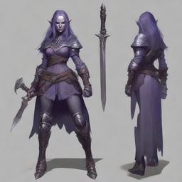 A full-body portrait of a dark elf with ash-grayish purple skin, barbaric appearance, loose hair, pale eyes, from Dungeons and Dragons, wielding two axes