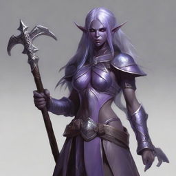 A full-body portrait of a dark elf with ash-grayish purple skin, barbaric appearance, loose hair, pale eyes, from Dungeons and Dragons, wielding two axes