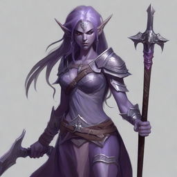 A full-body portrait of a dark elf with ash-grayish purple skin, barbaric appearance, loose hair, pale eyes, from Dungeons and Dragons, wielding two axes