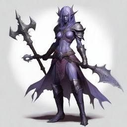 A full-body portrait of a dark elf with ash-grayish purple skin, barbaric appearance, loose hair, pale eyes, from Dungeons and Dragons, wielding two axes