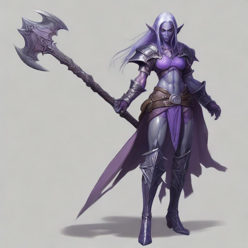 A full-body portrait of a dark elf with ash-grayish purple skin, barbaric appearance, loose hair, pale eyes, from Dungeons and Dragons, wielding two axes