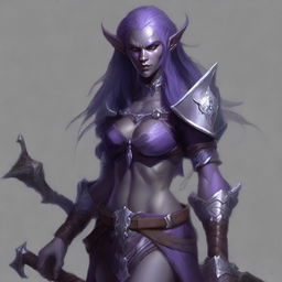 A full-body portrait of a dark elf with ash-grayish purple skin, barbaric appearance, loose hair, pale eyes, from Dungeons and Dragons, wielding two axes