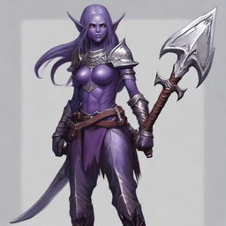 A full-body portrait of a dark elf with ash-grayish purple skin, barbaric appearance, loose hair, pale eyes, from Dungeons and Dragons, wielding two axes