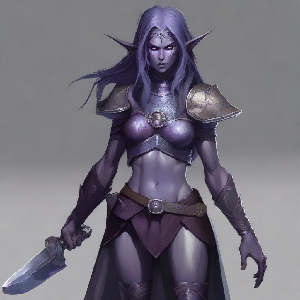 A full-body portrait of a dark elf with ash-grayish purple skin, barbaric appearance, loose hair, pale eyes, from Dungeons and Dragons, wielding two axes