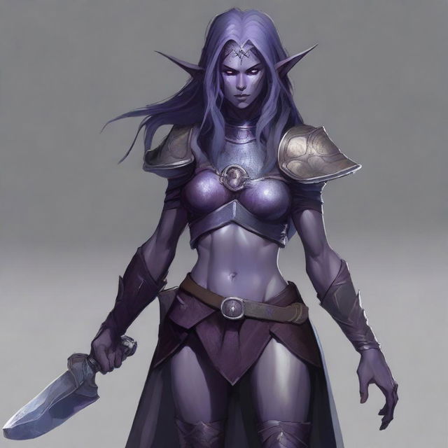 A full-body portrait of a dark elf with ash-grayish purple skin, barbaric appearance, loose hair, pale eyes, from Dungeons and Dragons, wielding two axes