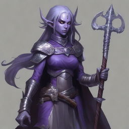 A full-body portrait of an elegant dark elf with ash-grayish purple skin, barbaric appearance, loose hair, pale eyes, from Dungeons and Dragons, wielding two axes