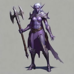 A full-body portrait of an elegant dark elf with ash-grayish purple skin, barbaric appearance, loose hair, pale eyes, from Dungeons and Dragons, wielding two axes