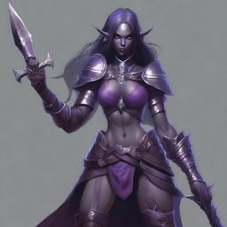 A full-body portrait of an elegant dark elf with ash-grayish purple skin, barbaric appearance, loose hair, pale eyes, from Dungeons and Dragons, wielding two axes