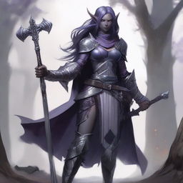 A full-body portrait of an elegant dark elf with ash-grayish purple skin, barbaric appearance, loose hair, pale eyes, from Dungeons and Dragons, wielding two axes