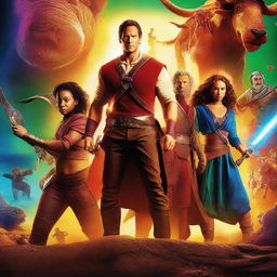 A vibrant and dynamic movie poster featuring an epic adventure