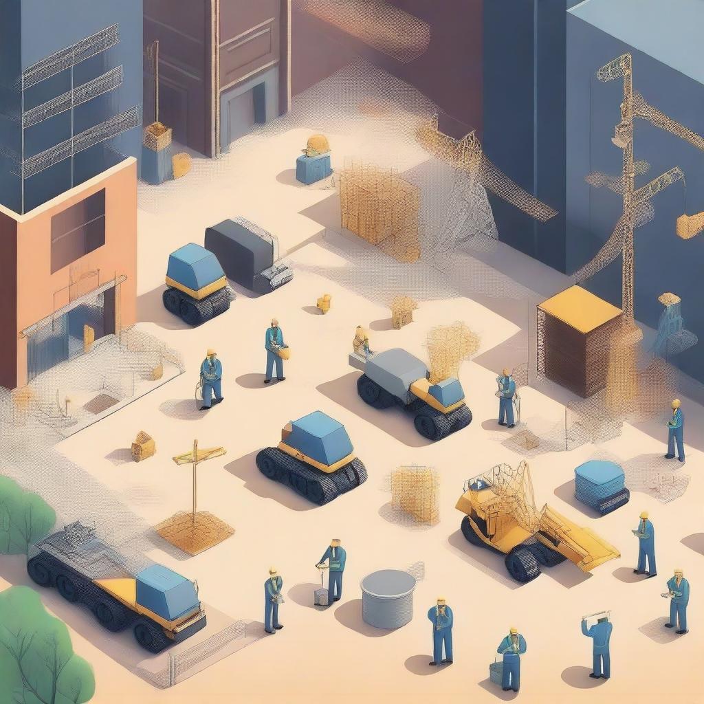 A detailed illustration of a construction site with workers, machinery, and building materials