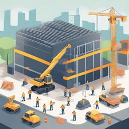 A detailed illustration of a construction site with workers, machinery, and building materials