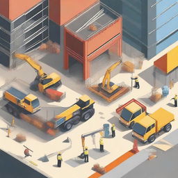 A detailed illustration of a construction site with workers, machinery, and building materials