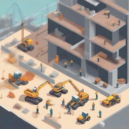 A detailed illustration of a construction site with workers, machinery, and building materials