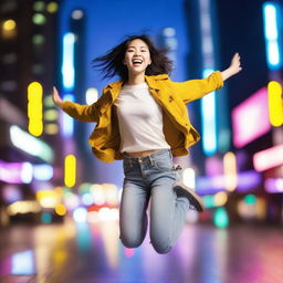 A 24-year-old Chinese girl jumping in mid-air with a joyful expression