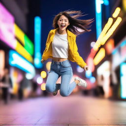 A 24-year-old Chinese girl jumping in mid-air with a joyful expression