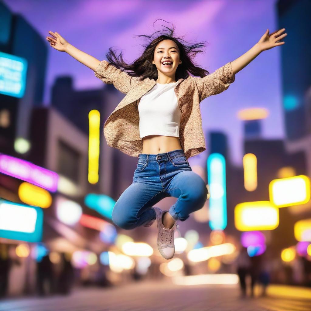 A 24-year-old Chinese girl jumping in mid-air with a joyful expression