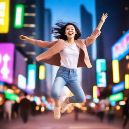 A 24-year-old Chinese girl jumping in mid-air with a joyful expression