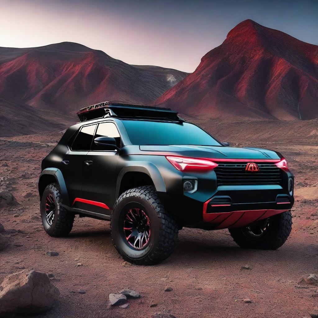 A 4x4 all-terrain car, black with red lighting, driving through a rugged landscape