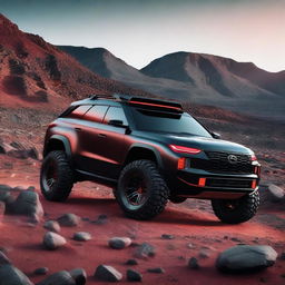 A 4x4 all-terrain car, black with red lighting, driving through a rugged landscape