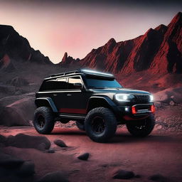 A 4x4 all-terrain car, black with red lighting, driving through a rugged landscape