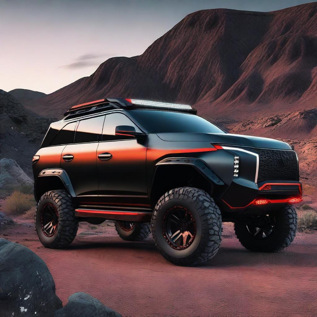 A 4x4 all-terrain car, black with red lighting, driving through a rugged landscape