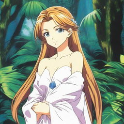 A 24-year-old Belldandy, from the anime 'Ah! My Goddess,' dressed in a stylish and slightly revealing outfit, hugging someone in a lush jungle