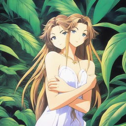 A 24-year-old Belldandy, from the anime 'Ah! My Goddess,' dressed in a stylish and slightly revealing outfit, hugging someone in a lush jungle