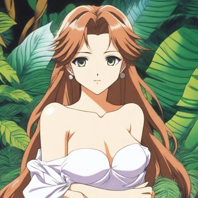 A 24-year-old Belldandy, from the anime 'Ah! My Goddess,' dressed in a stylish and slightly revealing outfit, hugging someone in a lush jungle