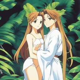 A 24-year-old Belldandy, from the anime 'Ah! My Goddess,' dressed in a stylish and slightly revealing outfit, hugging someone in a lush jungle