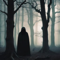 A mysterious figure standing alone in a dark, eerie forest