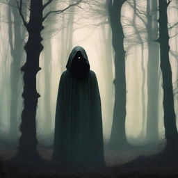 A mysterious figure standing alone in a dark, eerie forest