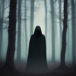 A mysterious figure standing alone in a dark, eerie forest