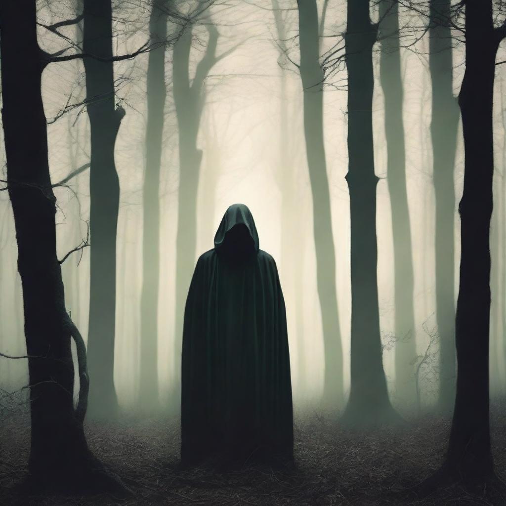 A mysterious figure standing alone in a dark, eerie forest