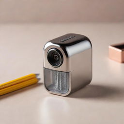 A futuristic pencil sharpener with sleek metallic surfaces, intricate digital interfaces and integrated artificial intelligence