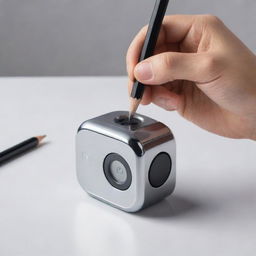 A futuristic pencil sharpener with sleek metallic surfaces, intricate digital interfaces and integrated artificial intelligence