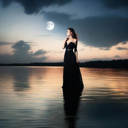 Create a sultry image featuring a woman in a black dress standing by the water