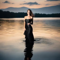 Create a sultry image featuring a woman in a black dress standing by the water