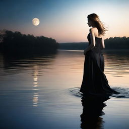 Create a sultry image featuring a woman in a black dress standing by the water