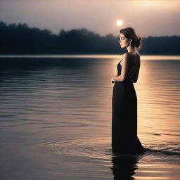 Create a sultry image featuring a woman in a black dress standing by the water