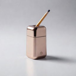 A futuristic pencil sharpener with sleek metallic surfaces, intricate digital interfaces and integrated artificial intelligence