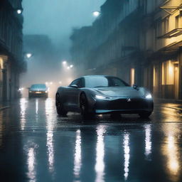 An alpine car on a road in the middle of a rainy night